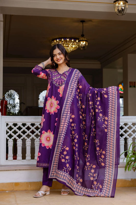 Purple Floral Printed Anarkali Suit Set With Dupatta