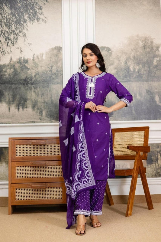 Purple Embroidered Cotton Kurta Set with Lace Border Dupatta
