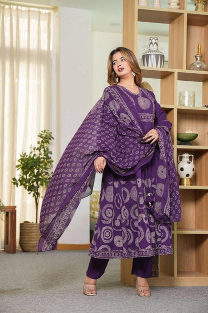 Purple Printed Ethnic Kurti Set