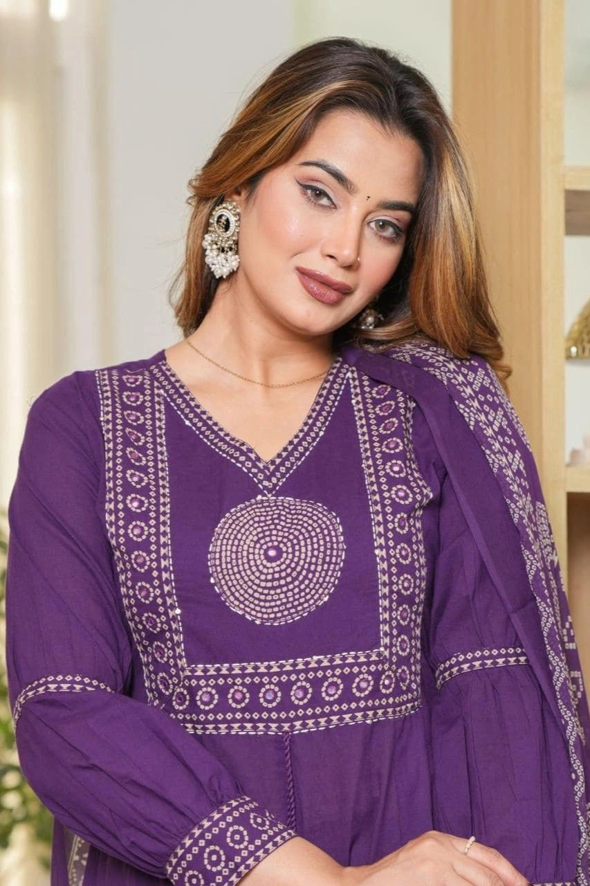Purple Printed Ethnic Kurti Set