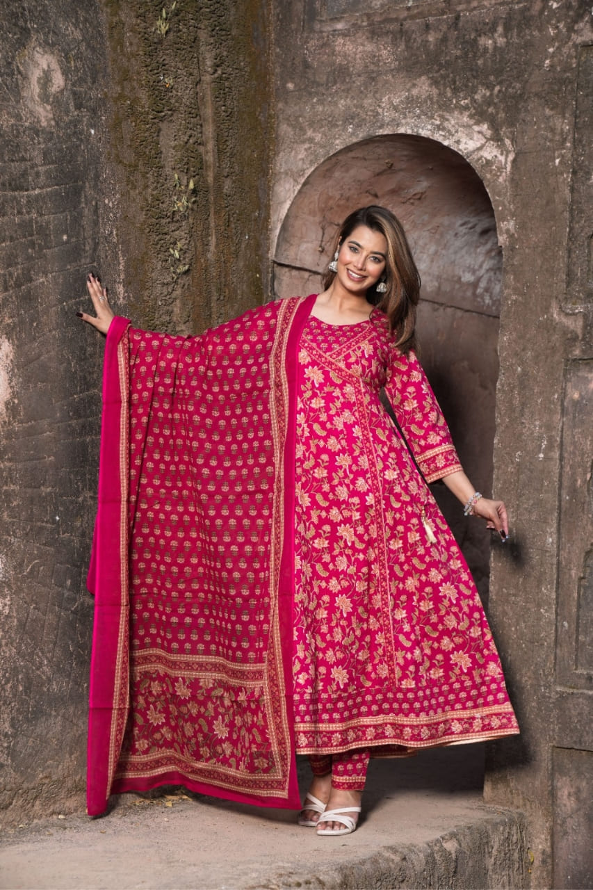 Rani Pink Floral Anarkali Printed Kurti Pant Set