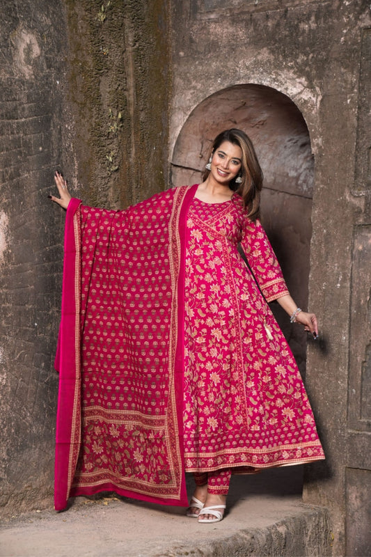 Rani Pink Floral Anarkali Printed Kurti Pant Set
