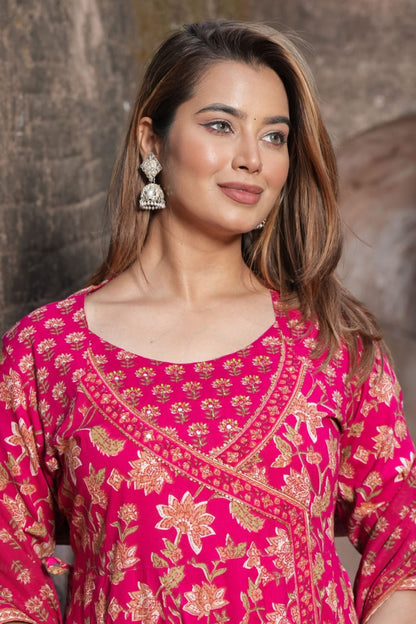 Rani Pink Floral Anarkali Printed Kurti Pant Set