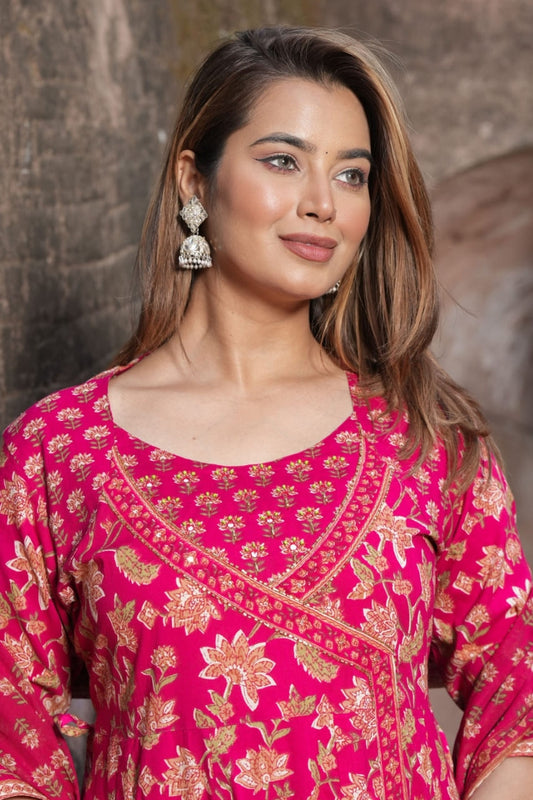 Rani Pink Floral Anarkali Printed Kurti Pant Set