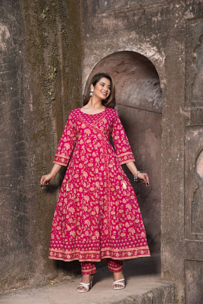Rani Pink Floral Anarkali Printed Kurti Pant Set