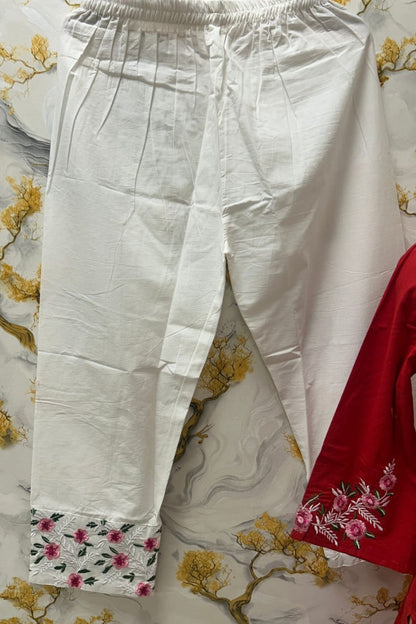 Red Floral Embroidered Kurti With White Pant Set Design