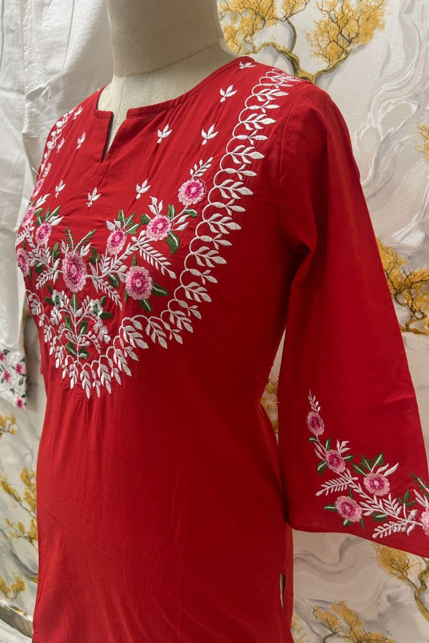 Red Floral Embroidered Kurti With White Pant Set Design