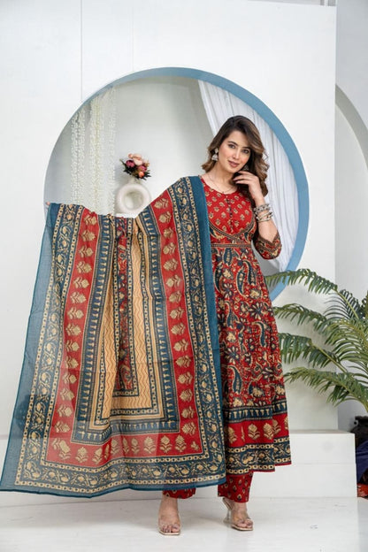 Red Multicolour Ethnic Printed Suit Set With Dupatta