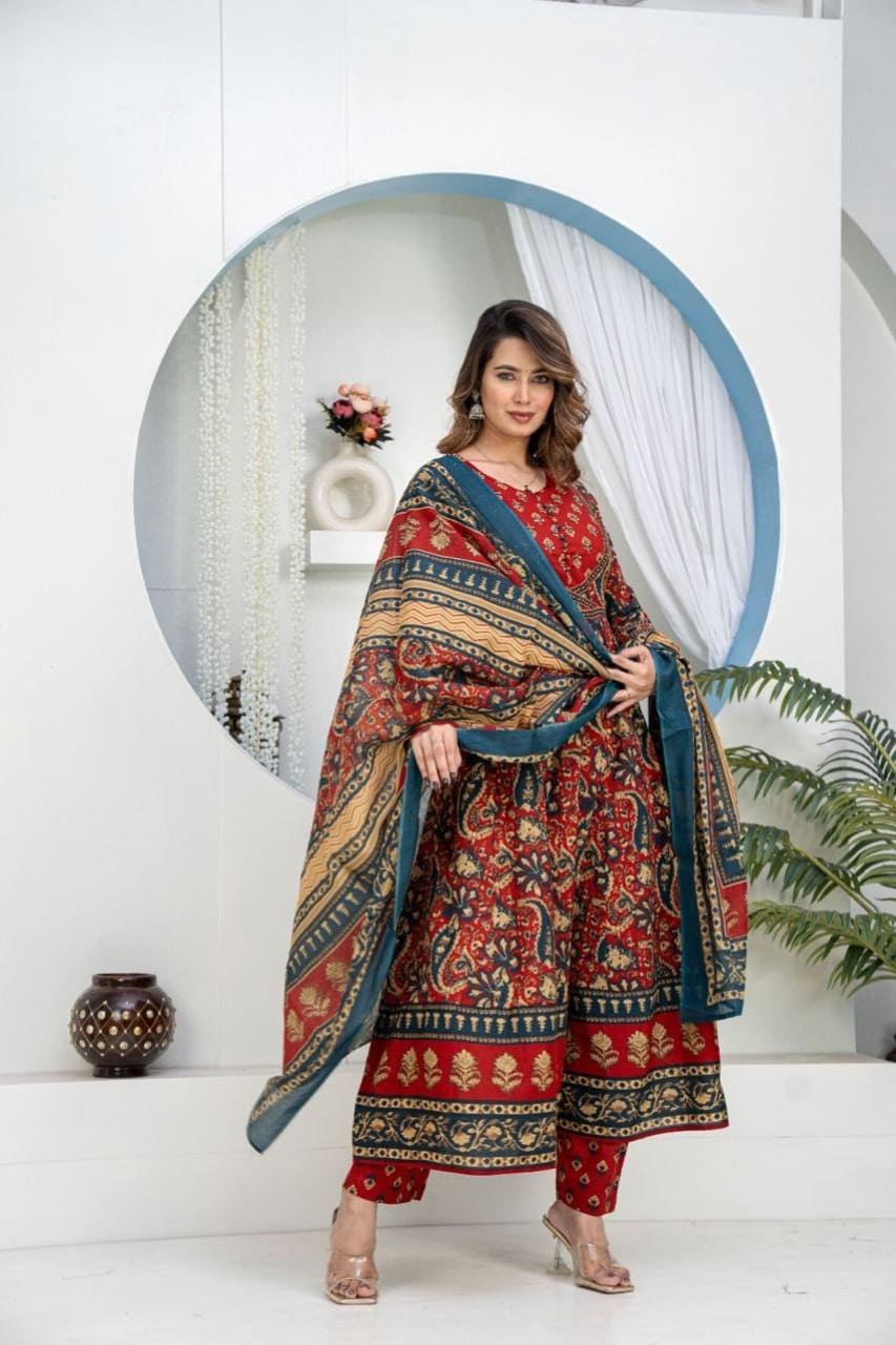 Red Multicolour Ethnic Printed Suit Set With Dupatta