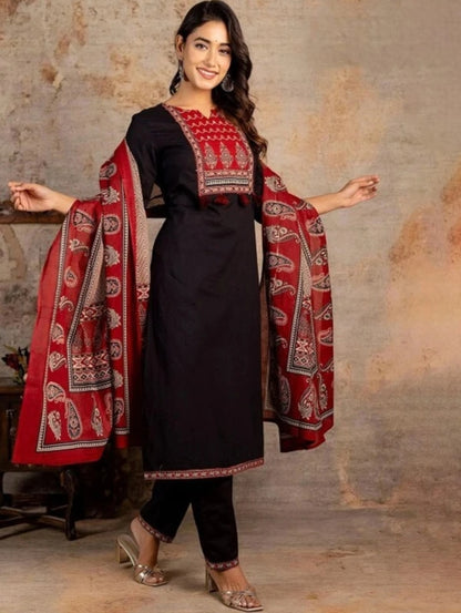 Navy Blue Jaipuri Printed Suit Set With Red Dupatta