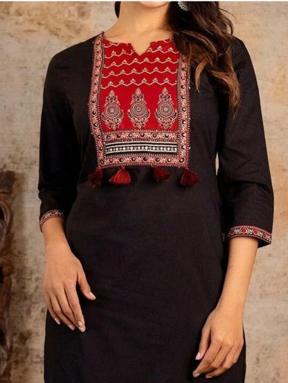 Navy Blue Jaipuri Printed Suit Set With Red Dupatta