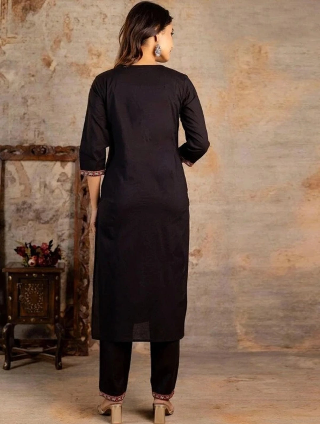 Navy Blue Jaipuri Printed Suit Set With Red Dupatta