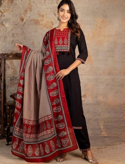 Navy Blue Jaipuri Printed Suit Set With Red Dupatta