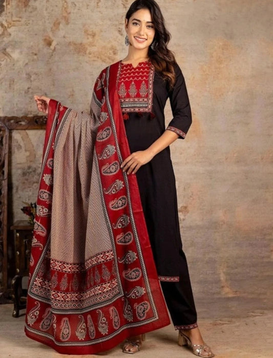 Navy Blue Jaipuri Printed Suit Set With Red Dupatta