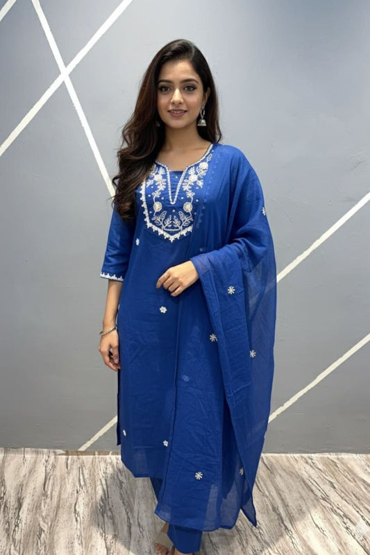 Royal Blue Embroidered Cotton Kurta Set with Modern Motifs