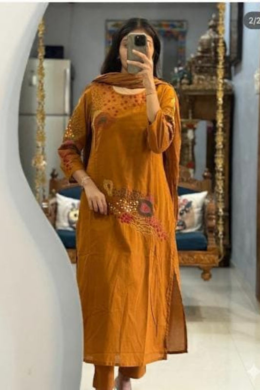 Rust Cotton Embroidered Kurta Pant Set with Artistic Detailing