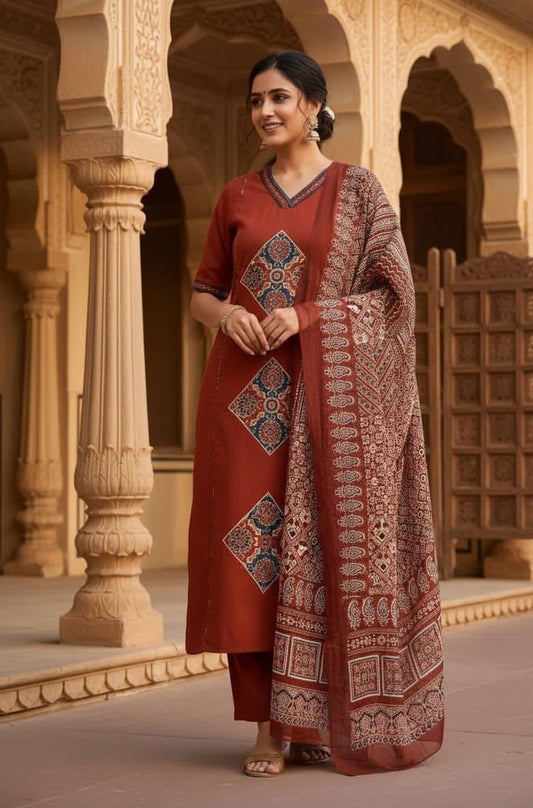 Rust Printed Cotton Kurta Set Women