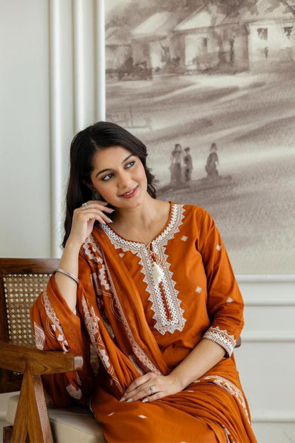Rust Embroidered Cotton Kurta Pant Set with Lace Detailing