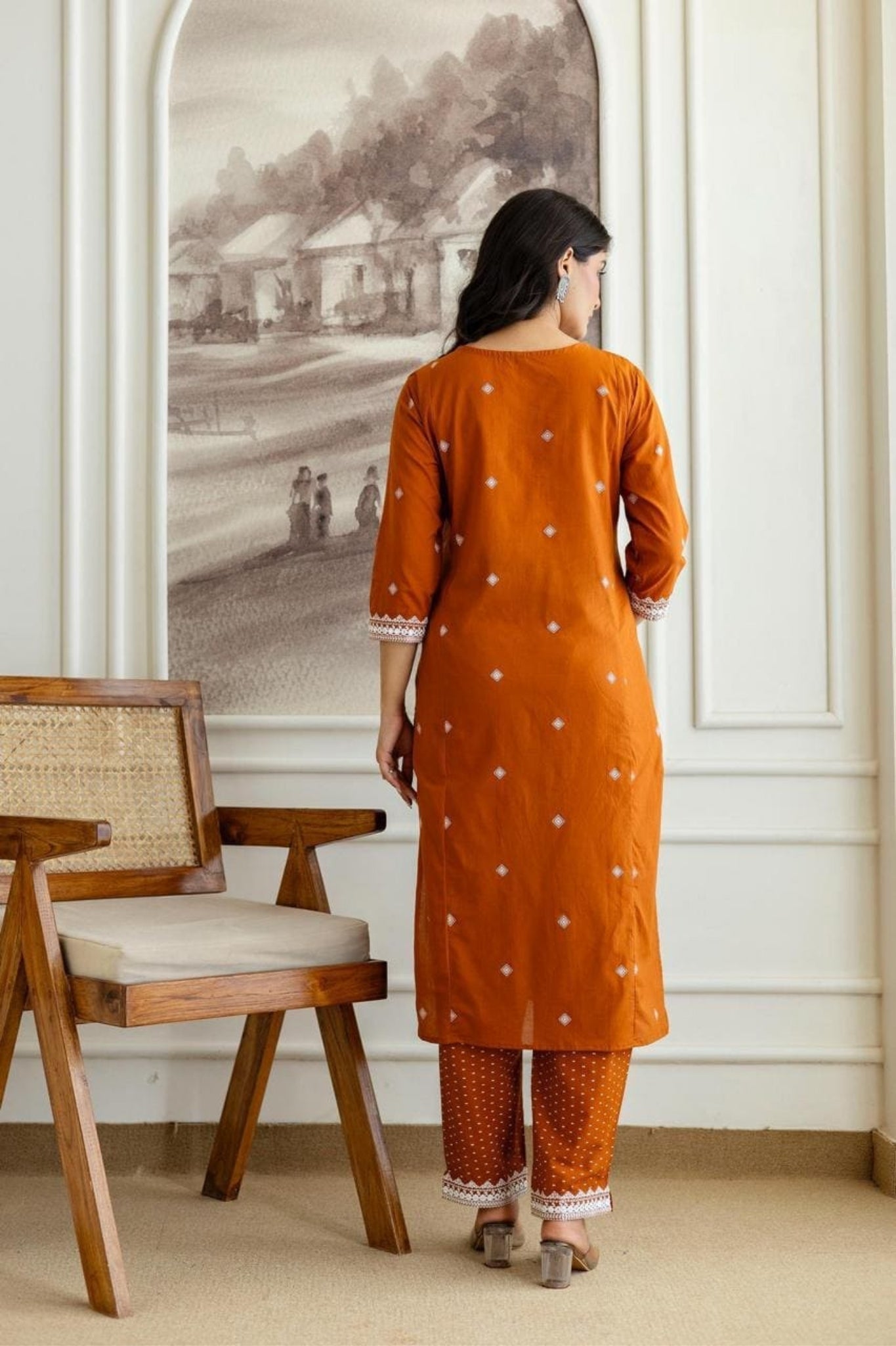 Rust Embroidered Cotton Kurta Pant Set with Lace Detailing