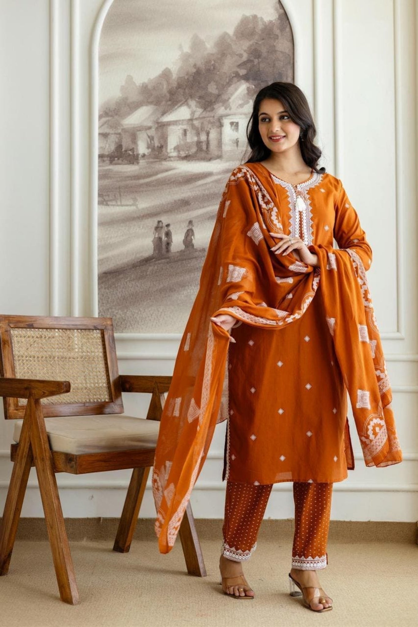 Rust Embroidered Cotton Kurta Pant Set with Lace Detailing