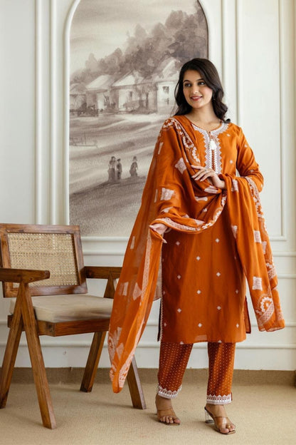 Rust Embroidered Cotton Kurta Pant Set with Lace Detailing