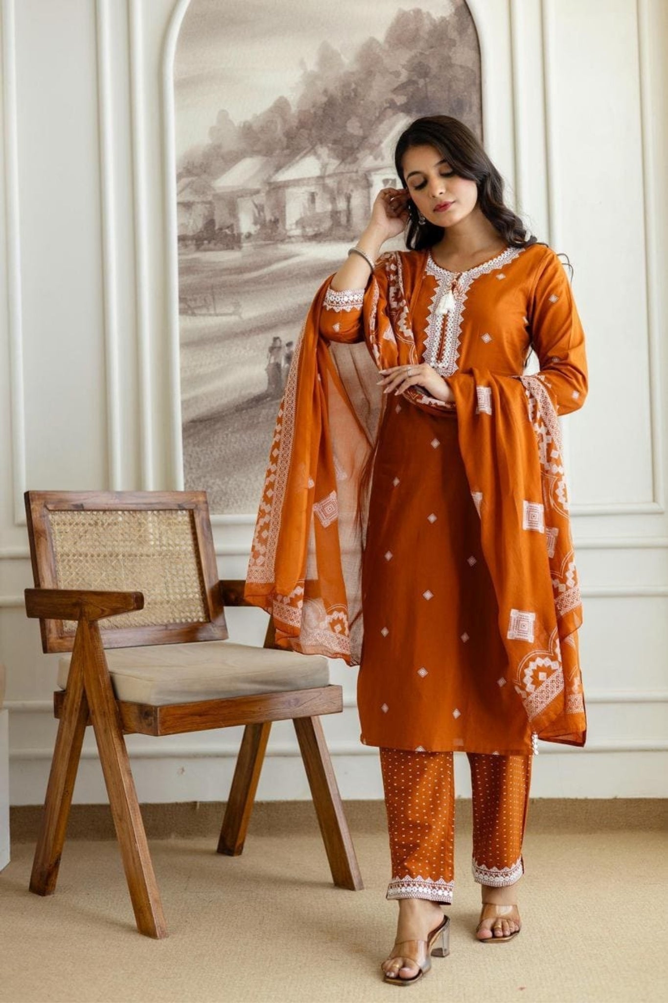 Embroidered Cotton Kurta Set with White Thread Detailing