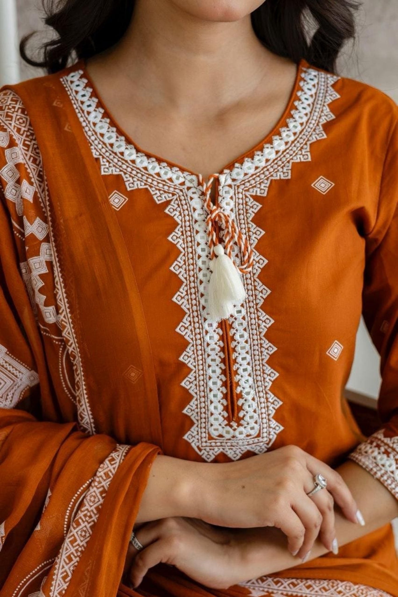 Rust Embroidered Cotton Kurta Pant Set with Lace Detailing