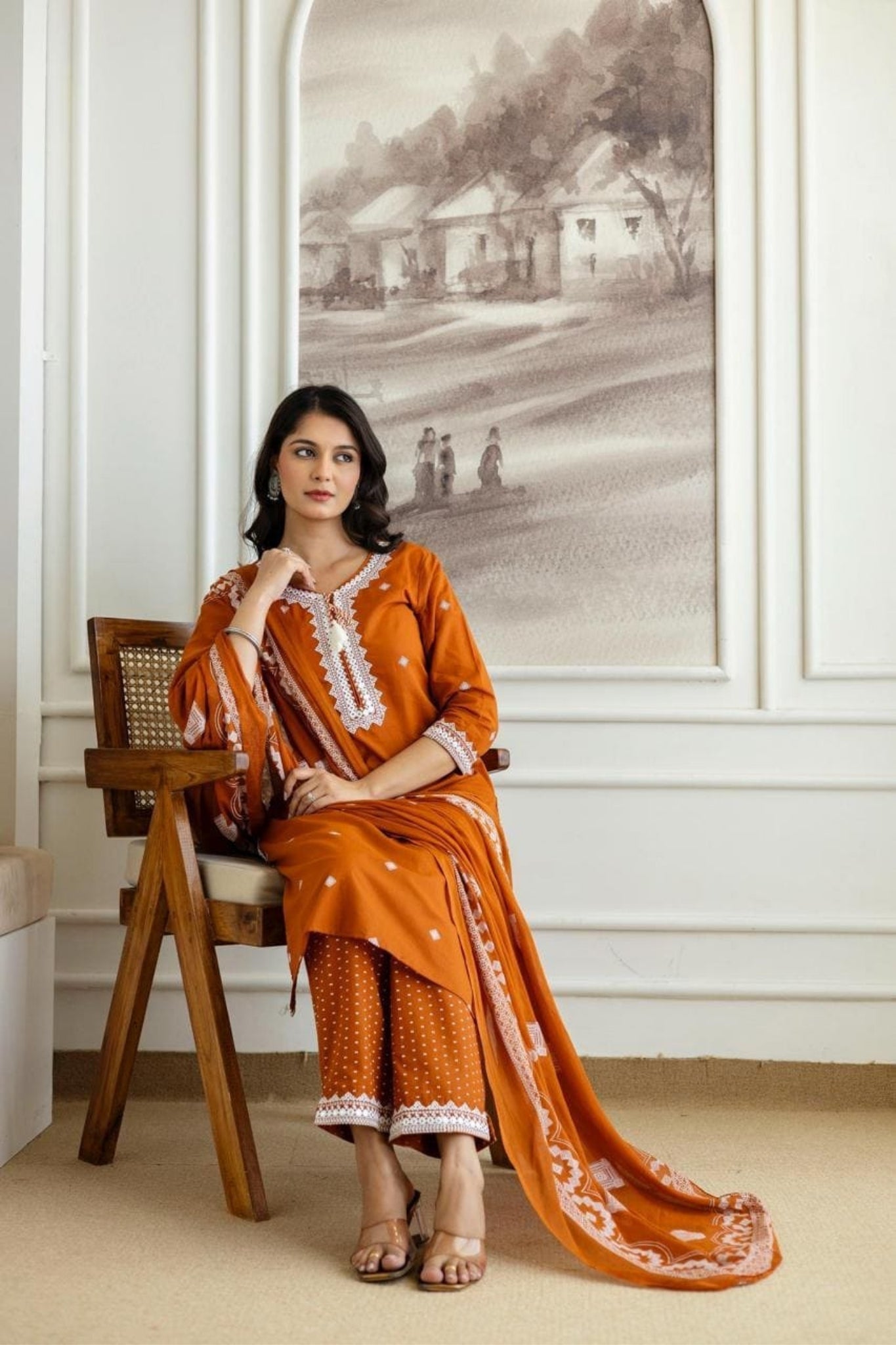 Rust Embroidered Cotton Kurta Pant Set with Lace Detailing