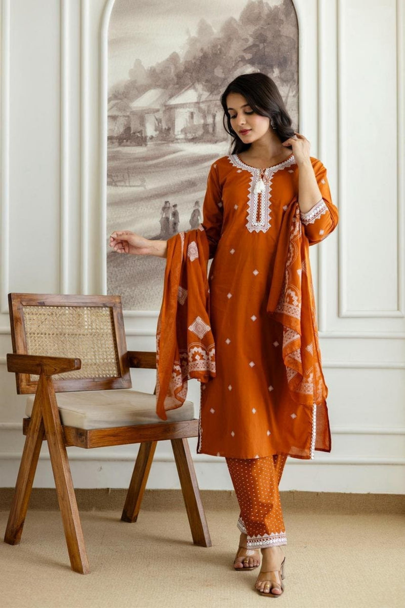 Rust Embroidered Cotton Kurta Pant Set with Lace Detailing