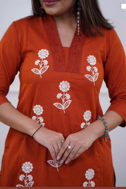 Rust Orange Embroidered Cotton Kurta Pant Set