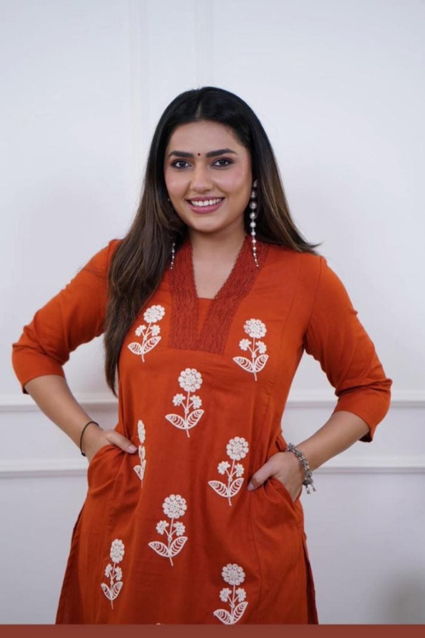 Rust Orange Embroidered Cotton Kurta Pant Set