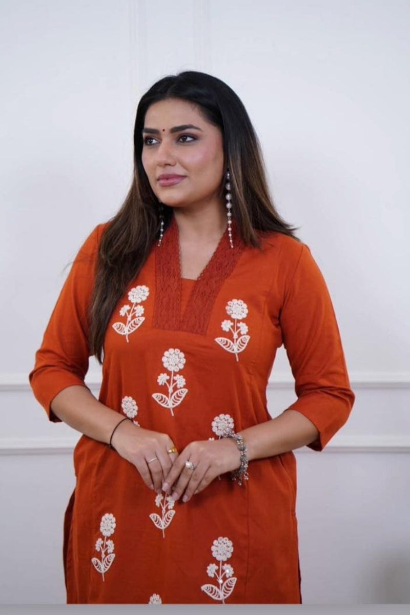 Rust Orange Embroidered Cotton Kurta Pant Set