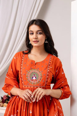 Rust Peacock Embroidered Kurta Set with Artisanal Touches