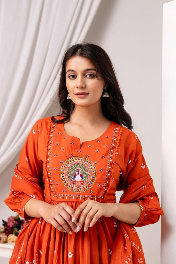 Rust Peacock Embroidered Kurta Set with Artisanal Touches