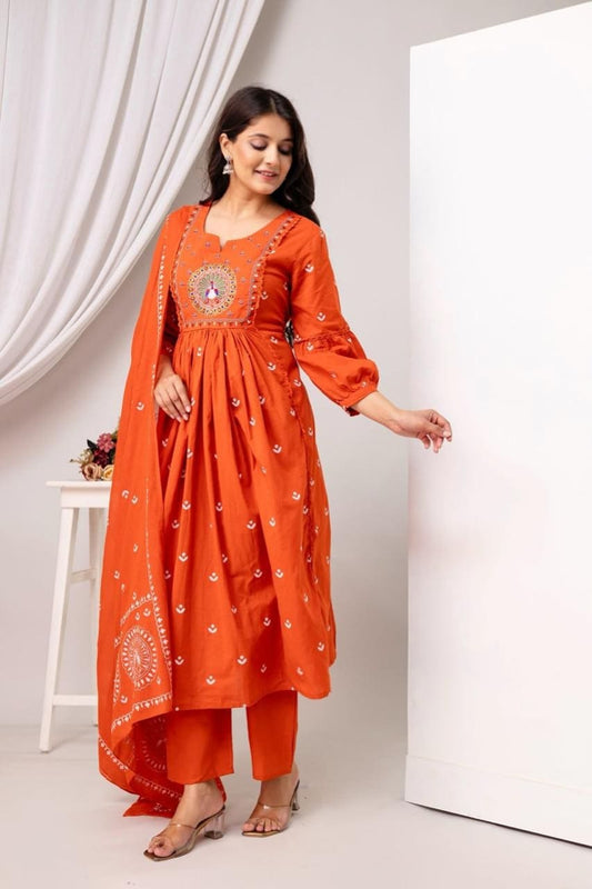 Rust Peacock Embroidered Kurta Set with Artisanal Touches