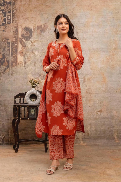 Rust Printed Kurti Pant Dupatta Set