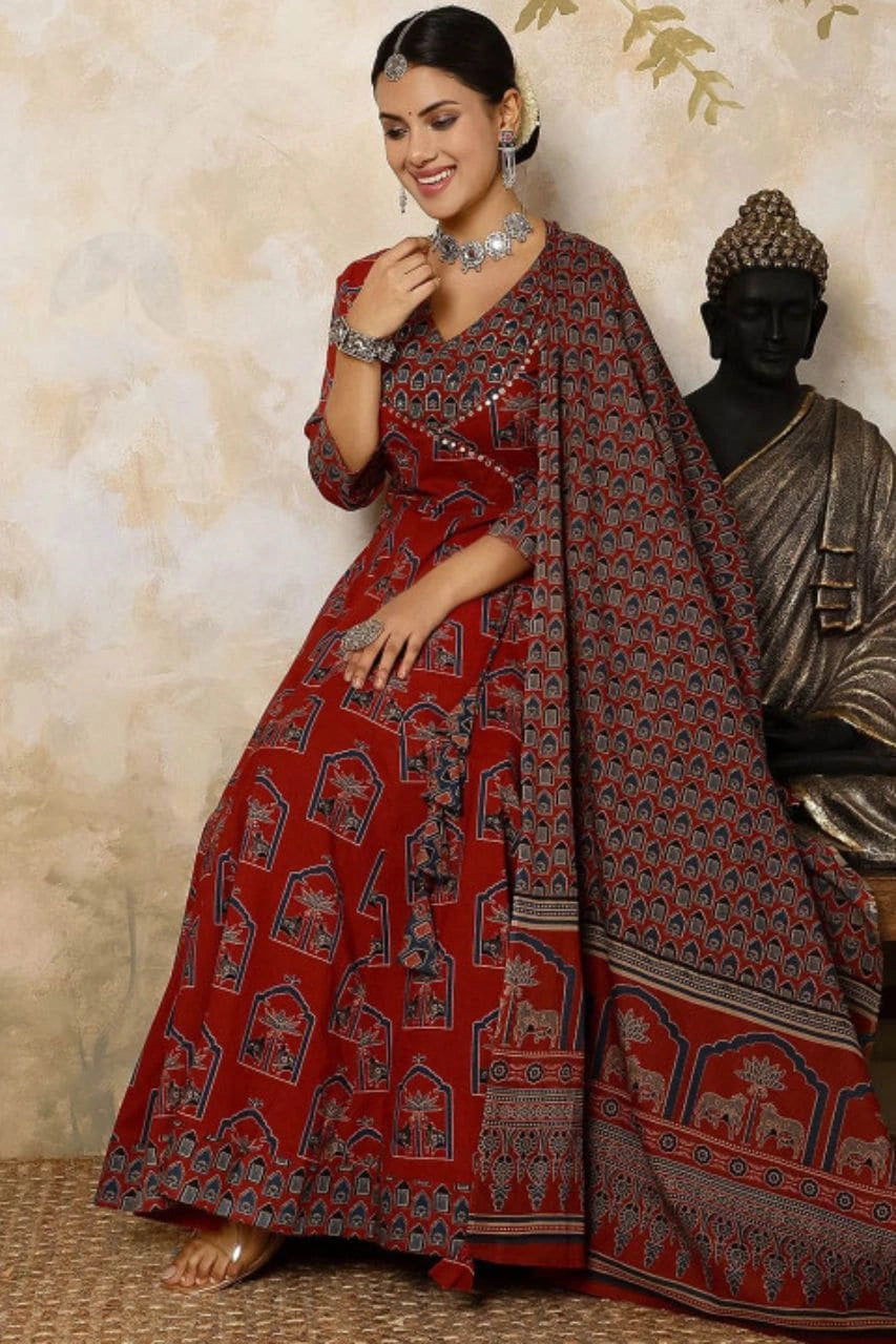 Rust Red Anarkali Kurti Set