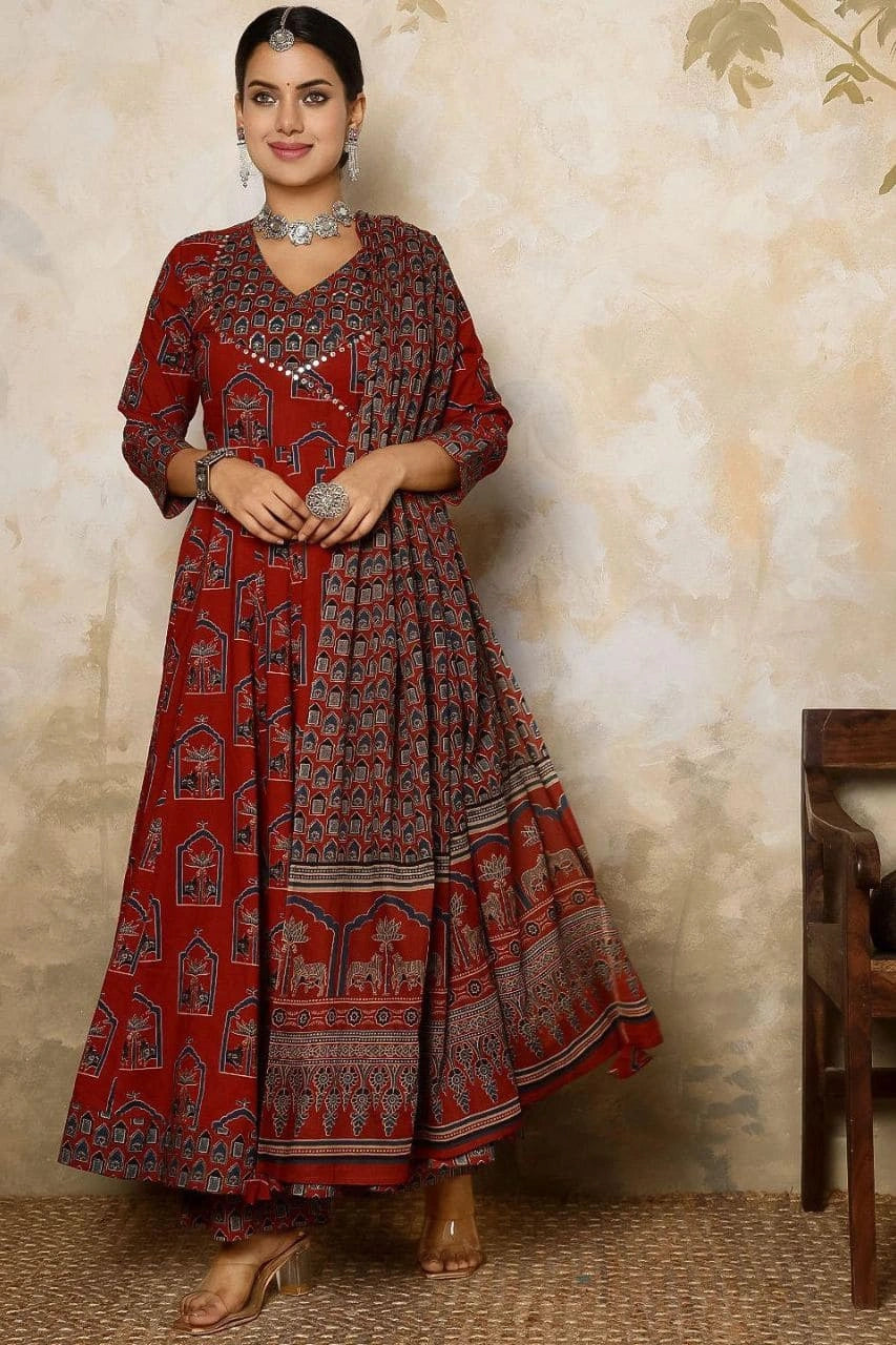 Rust Red Anarkali Kurti Set
