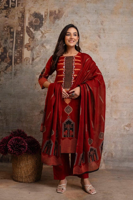 Rust Red Ethnic Printed Kurti Pant Suit Set With Dupatta
