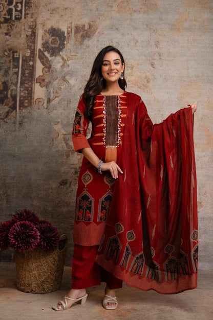 Rust Red Ethnic Printed Kurti Pant Suit Set With Dupatta