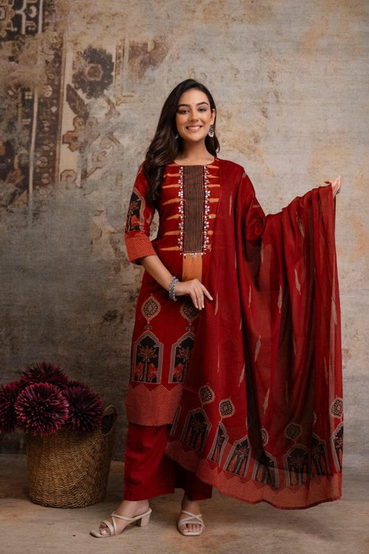 Rust Red Ethnic Printed Kurti Pant Suit Set With Dupatta
