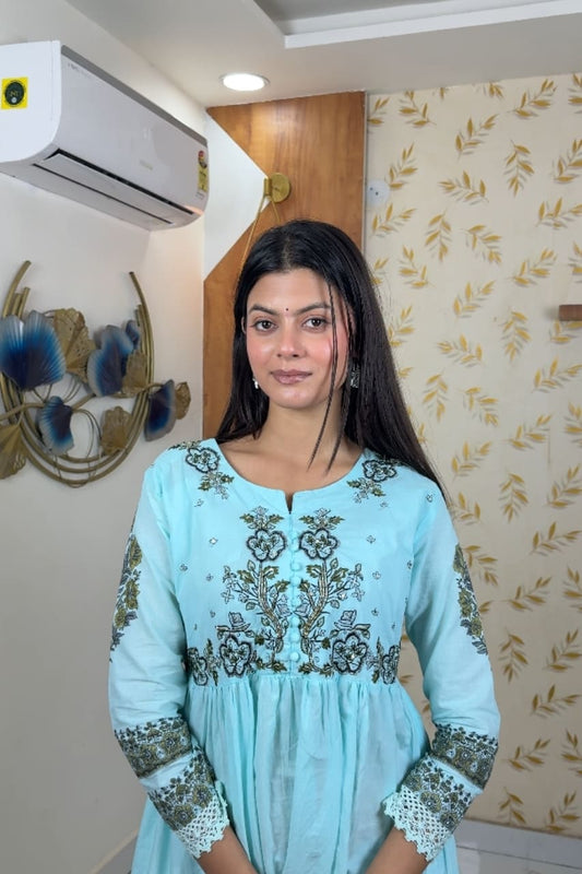 Sky Blue Floral Embroidered Cotton Kurti For Women