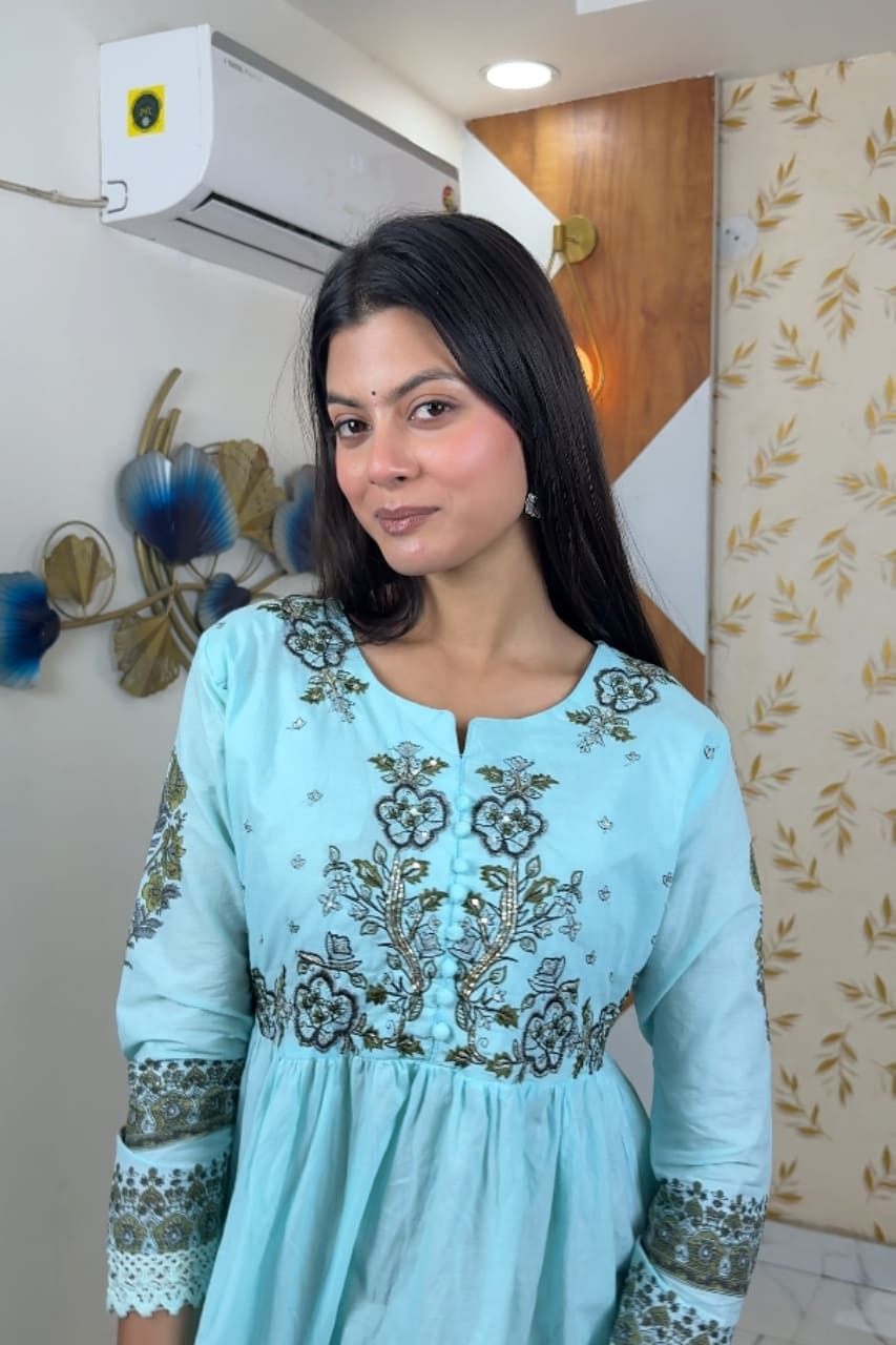 Sky Blue Floral Embroidered Cotton Kurti For Women