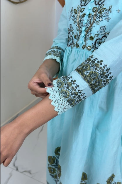 Sky Blue Floral Embroidered Cotton Kurti For Women