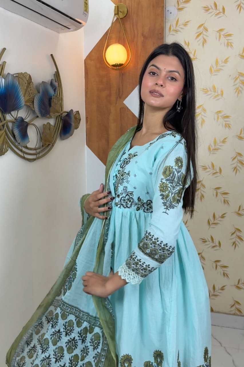 Sky Blue Floral Embroidered Cotton Kurti For Women