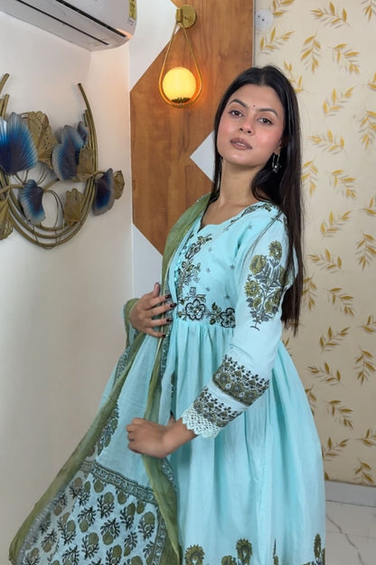 Sky Blue Floral Embroidered Cotton Kurti For Women