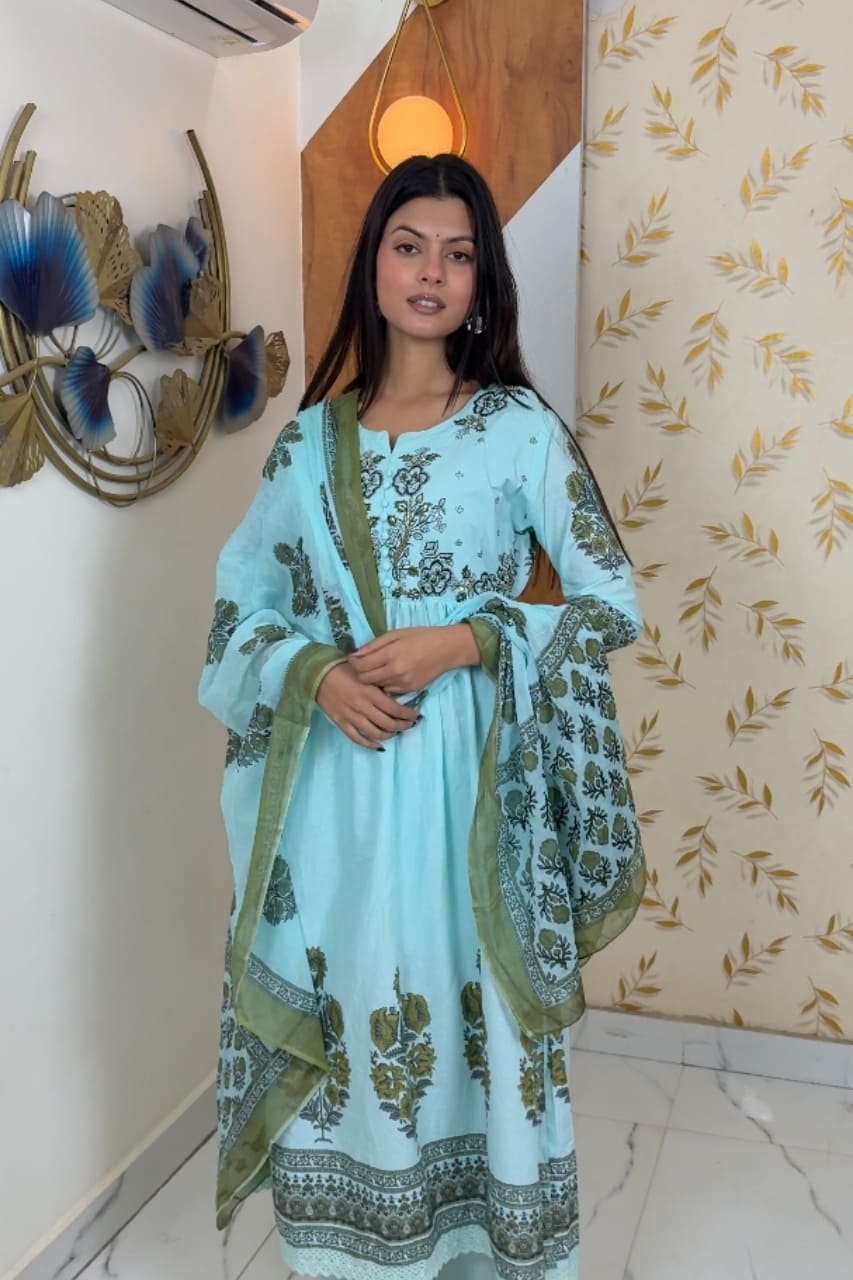 Sky Blue Floral Embroidered Cotton Kurti For Women