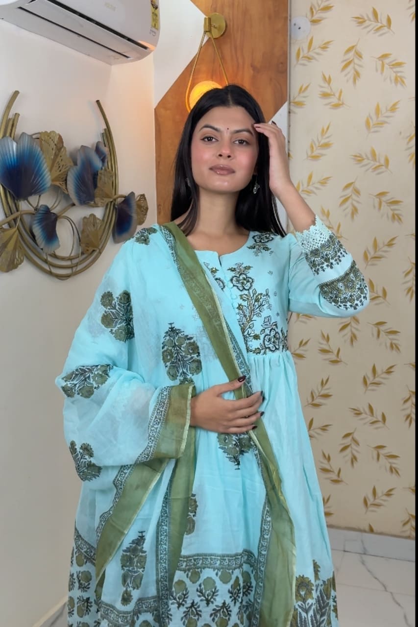 Sky Blue Floral Embroidered Cotton Kurti For Women