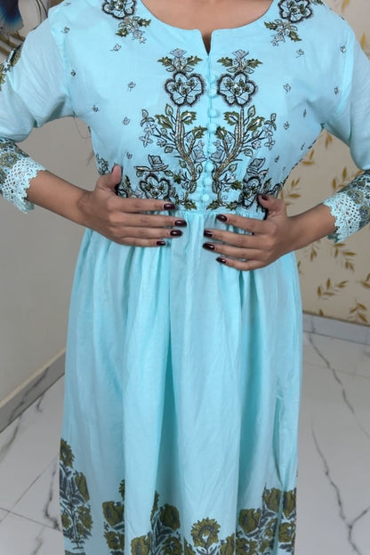 Sky Blue Floral Embroidered Cotton Kurti For Women