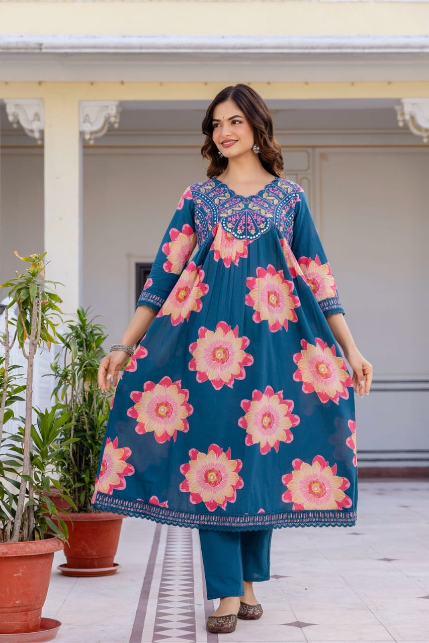 Teal Blue Floral Printed Anarkali Kurti Pant Set